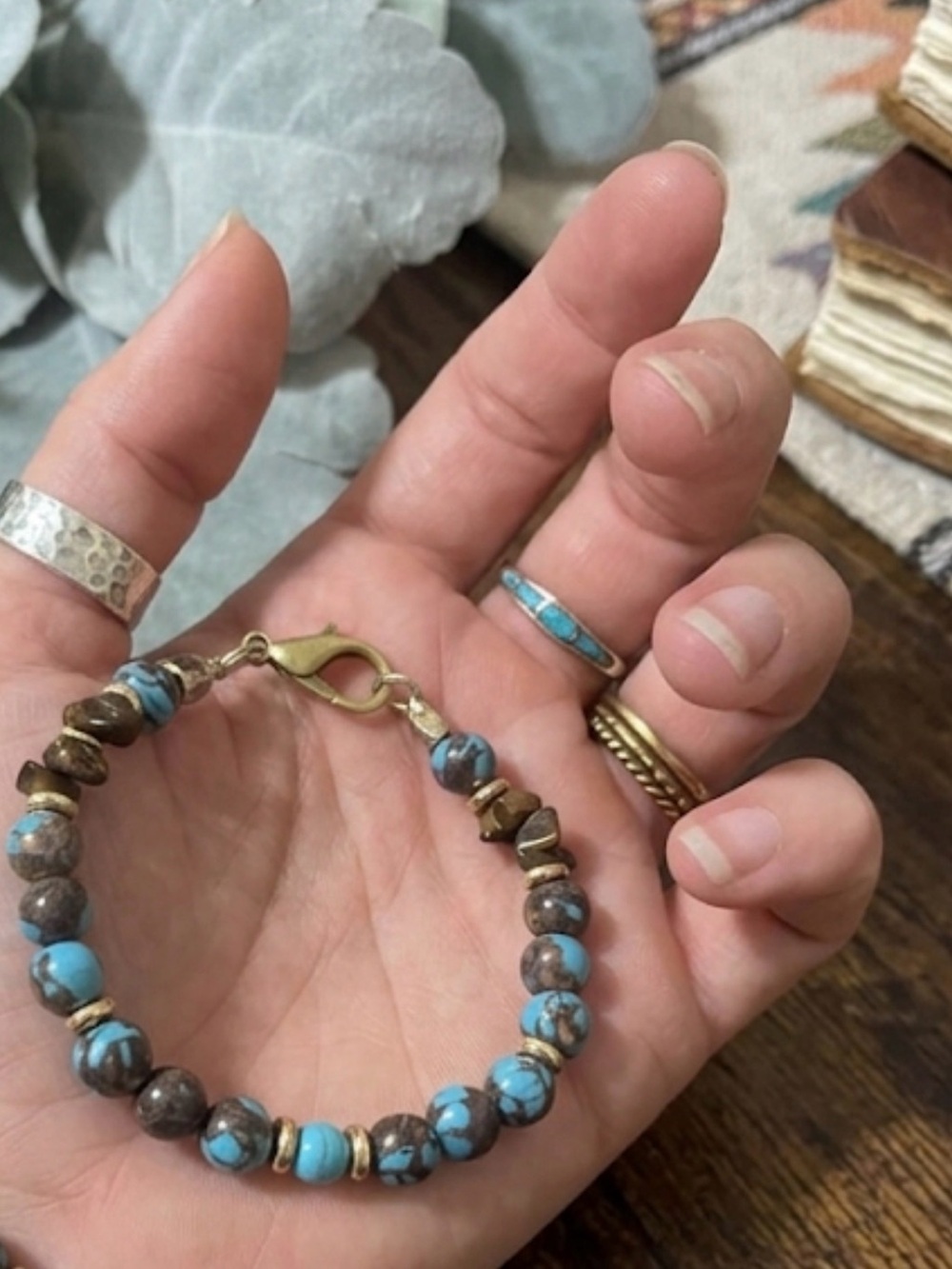 Artisan Turquoise and Brown Beaded Bracelet with Gold Accents - Picture 2 of 2